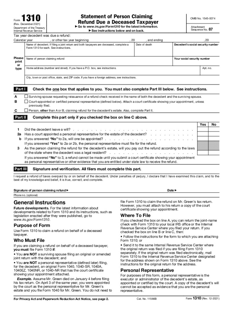  Form 1310 Statement of Person Claiming Refund Due a 2021-2024